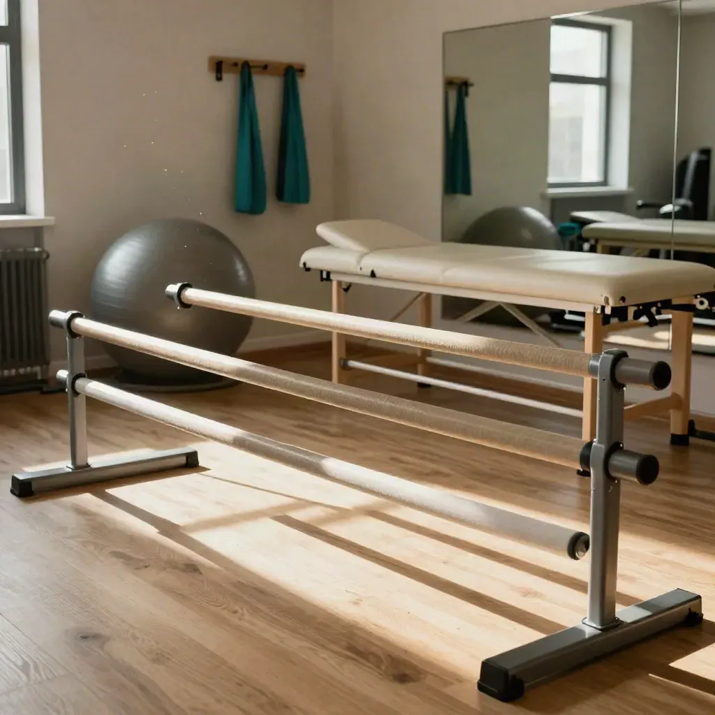 Rehab gym bay with parallel bars, plinth, therapy ball, and teal bands in soft daylight.
