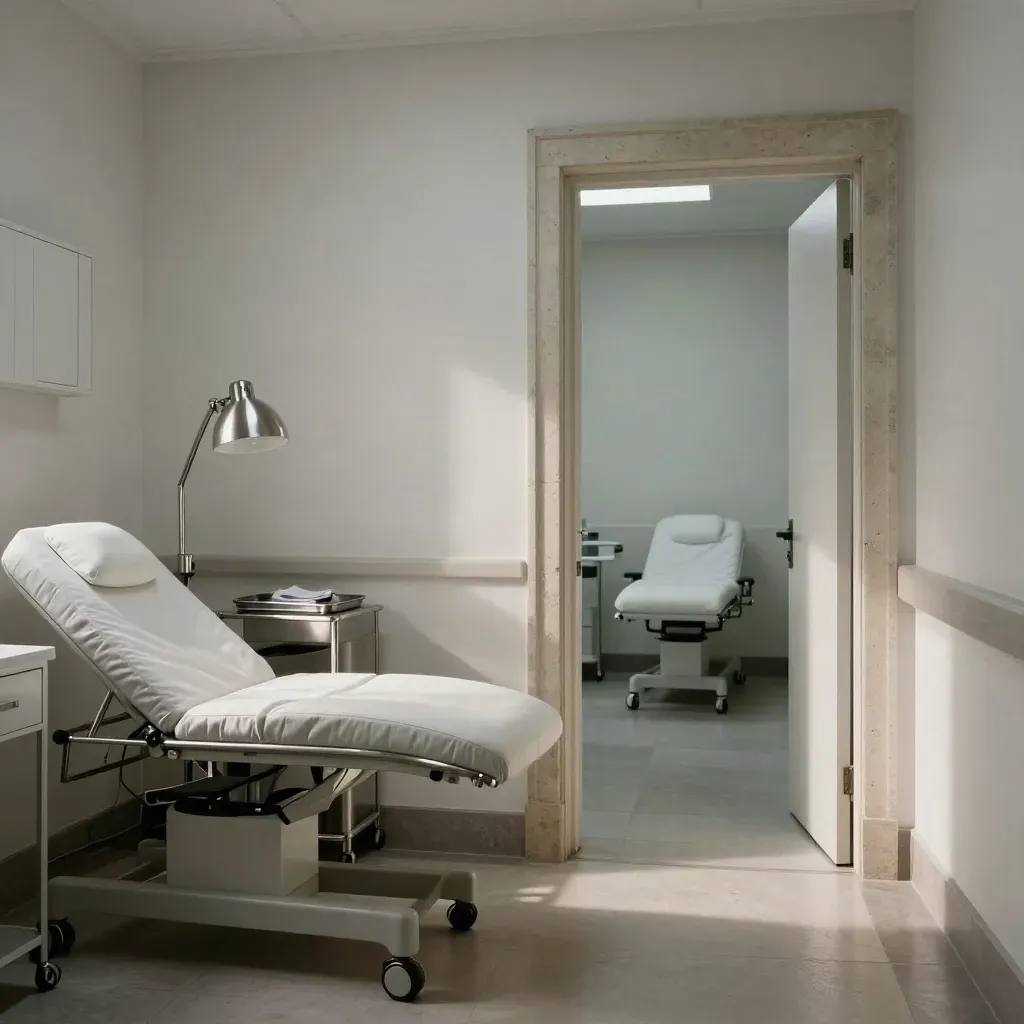Empty twin clinic rooms with exam couches, lamps and trays in soft daylight