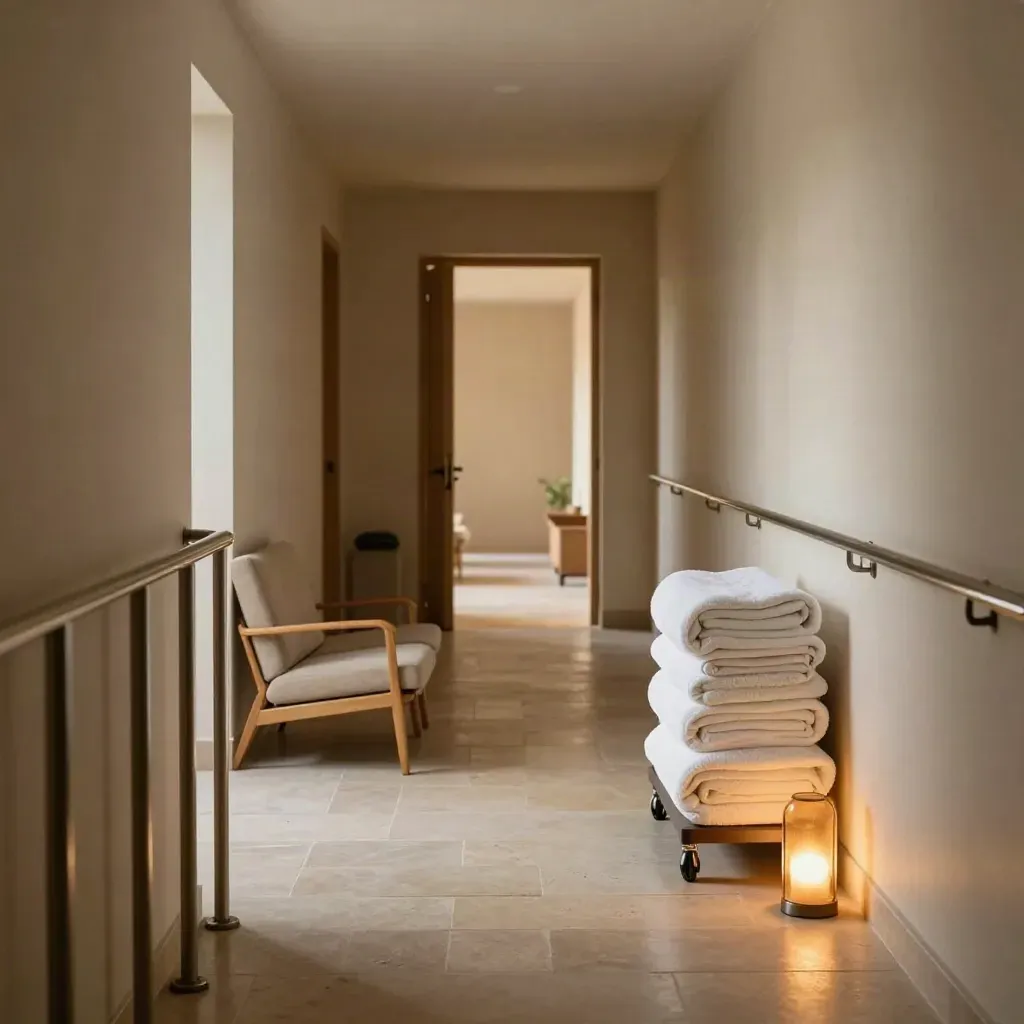 Empty care-home corridor with handrails, lounge chairs, linen trolley, and amber lamps at dusk.