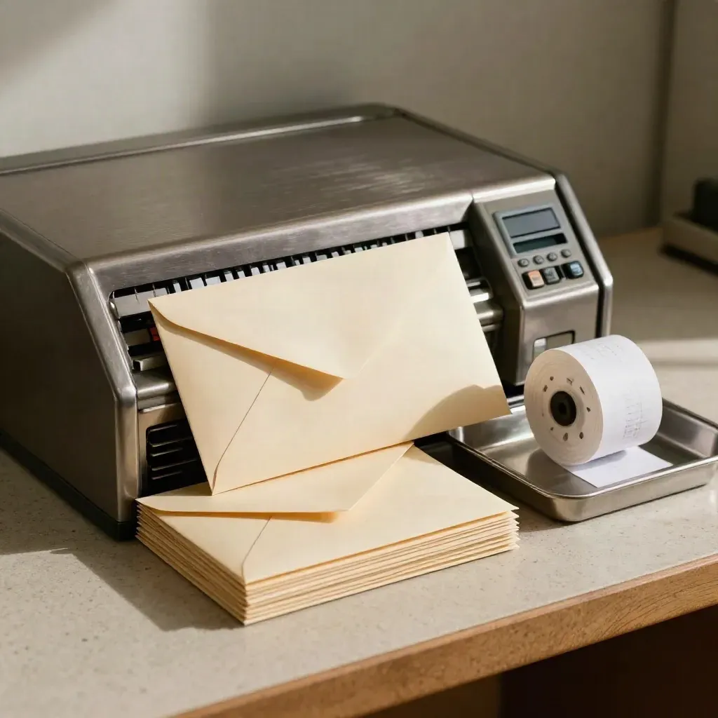 Brushed-steel payroll station with envelopes, badge cards, and a curling receipt spool