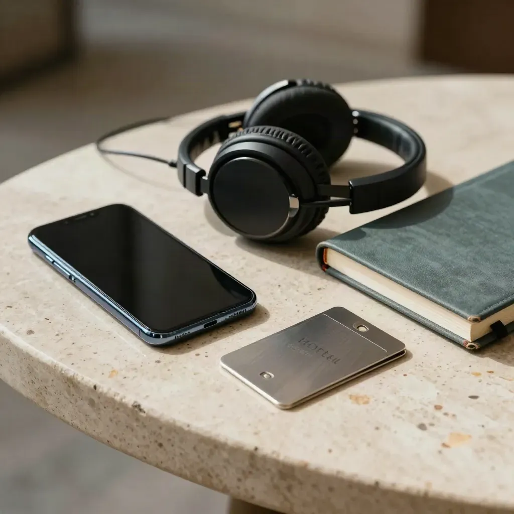 Travertine still life of phone, headset, key sleeve, and notebook on a stone ledge.
