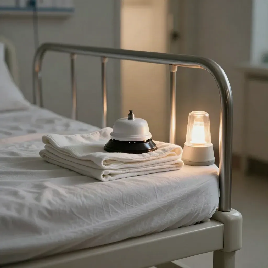 Bedside call bell, folded linen, and corridor beacon beside a hospital bed rail